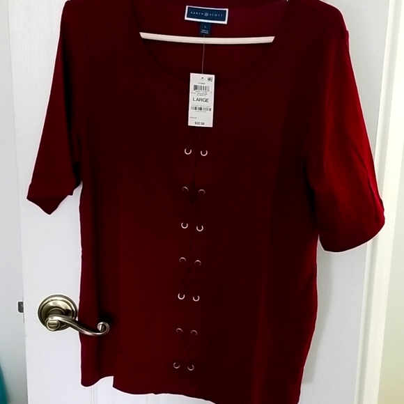 Fall special Karen Scott maroon lace up size L top - Picture 1 of 3